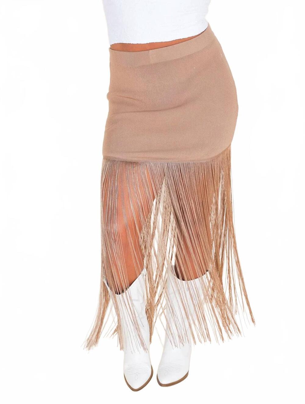 NEW BLUE B festival fringe midi skirt in taupe